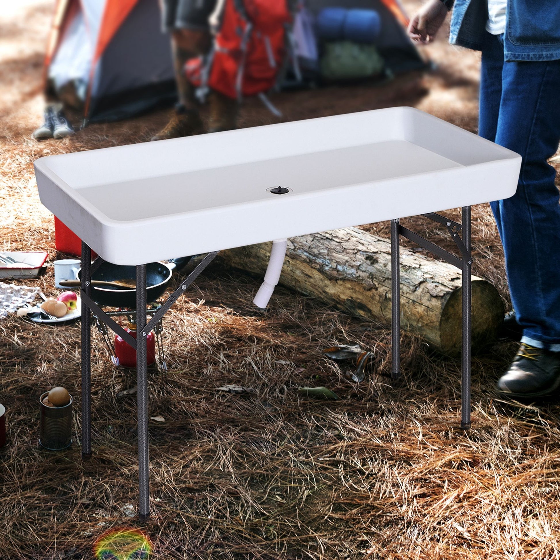 Outsunny 4Ft Portable Folding Fish Fillet Cleaning Table Camping Picnic Ice Party Desk With Sink White Metal