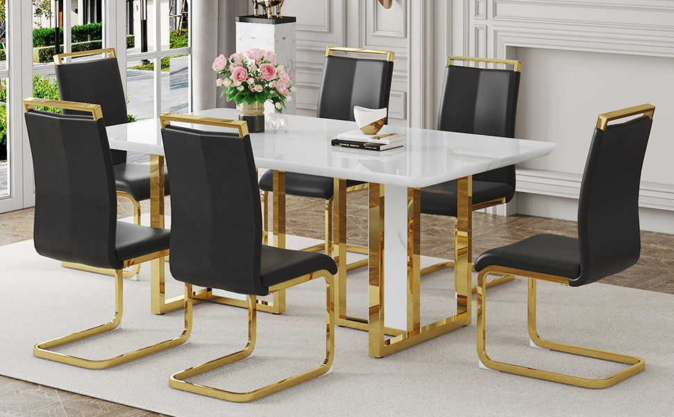 Table And Chair Set.67"X36" White Marble Pattern Mdf Dining Table Set With 6 Black Pu Chairs.Mdf Sticker,White Marble Pattern Sticker,Gold C Tube Chair Legs,Suitable For Kitchen,Dining Room,Etc.