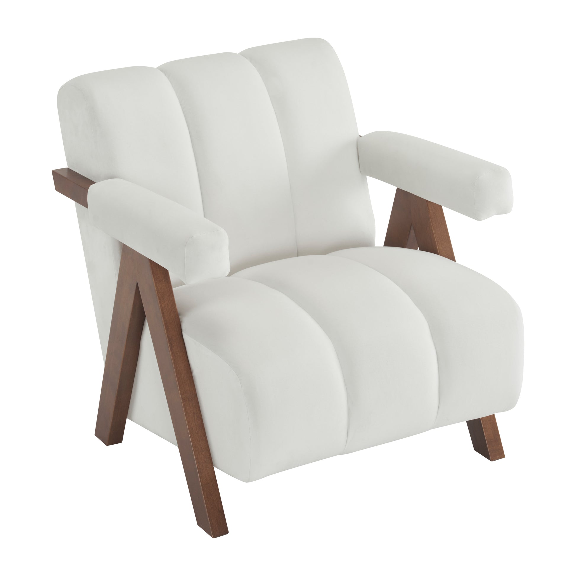 Mid Century Modern Accent Chair With Solid Wood Frame, Upholstered Living Room Chairs With Thick Cushion, Comfy Tufted Arm Chair For Bedroom, Living Room, Velvet, Ivory Ivory White Velvet