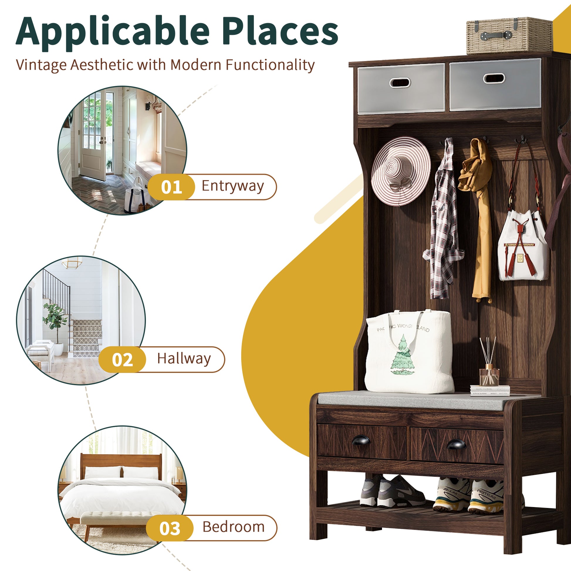 Hall Tree With 6 Hooks And Hinged Lid, Coat Hanger, Entryway Bench, Storage Bench, 3 In 1 Design, 69Inch, For Entrance, Hallway Brown Mdf