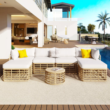 7 Pieces Outdoor Patio Furniture, All Weather Rattan Sectional Sofa Set With Thick Cushions And Pillows, Freely Combined Conversation Sets For Garden, Backyard, Balcony, Beige Yes Complete Patio Set Beige Seats 6 Garden & Outdoor Complete Patio Sets Foam