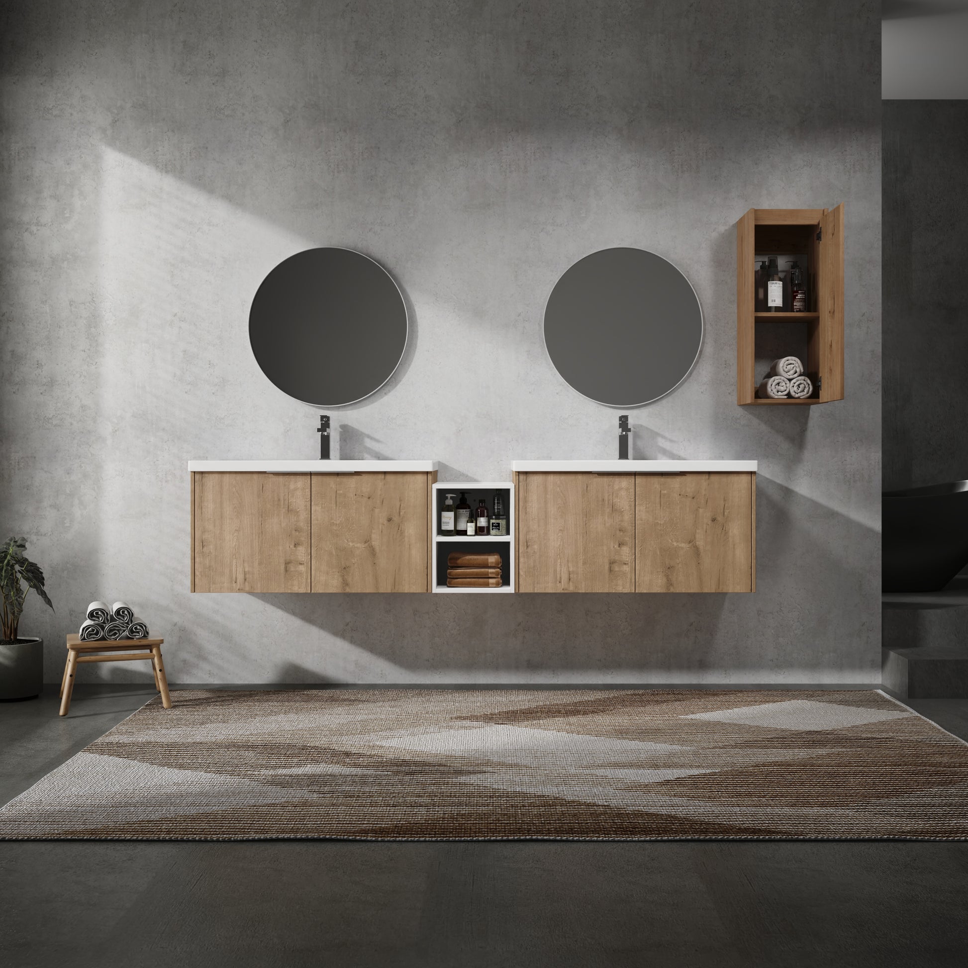 84" Wall Mounted Bathroom Vanity With Sink And Side Cabinet, Soft Close Doors,00112Imo 00636Imox2 0612Gwh Combination Cabinet Kd Packing Imitative Oak Bathroom Modern Plywood Plywood