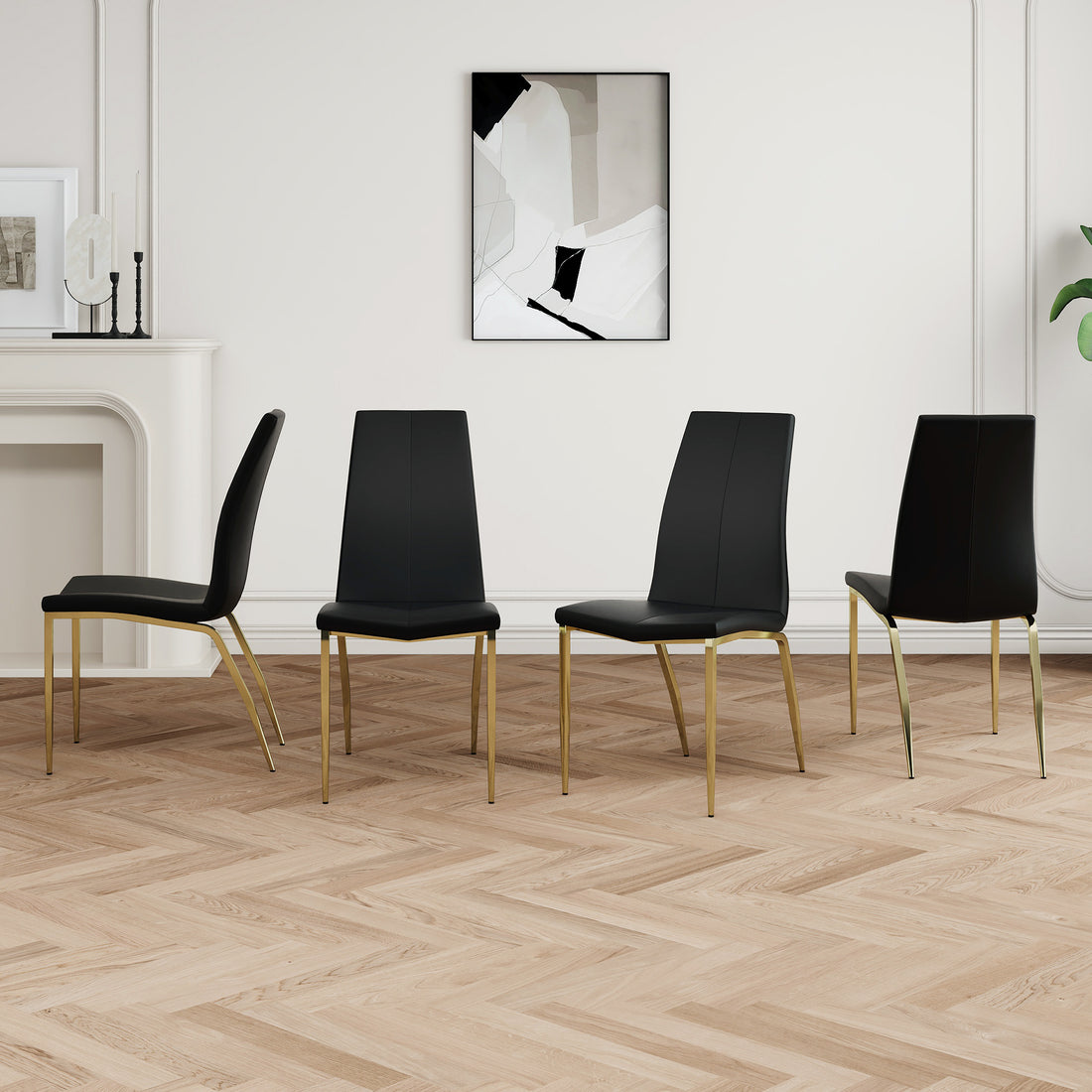 Modern Dining Chairs With Faux Leather Padded Seat Dining Living Room Chairs Upholstered Chair With Gold Metal Legs Design For Kitchen, Living, Bedroom, Dining Room Side Chairs Set Of 4 Black Metal