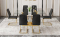 Table And Chair Set.Modern Rectangular Dining Table With Transparent Tempered Glass Tabletop And Gold Plated Metal Legs.Paried With 6 Comfortable Chairs With Pu Seats And Golden Metal Legs. Black Gold,Transparent Seats 6 Glass Metal