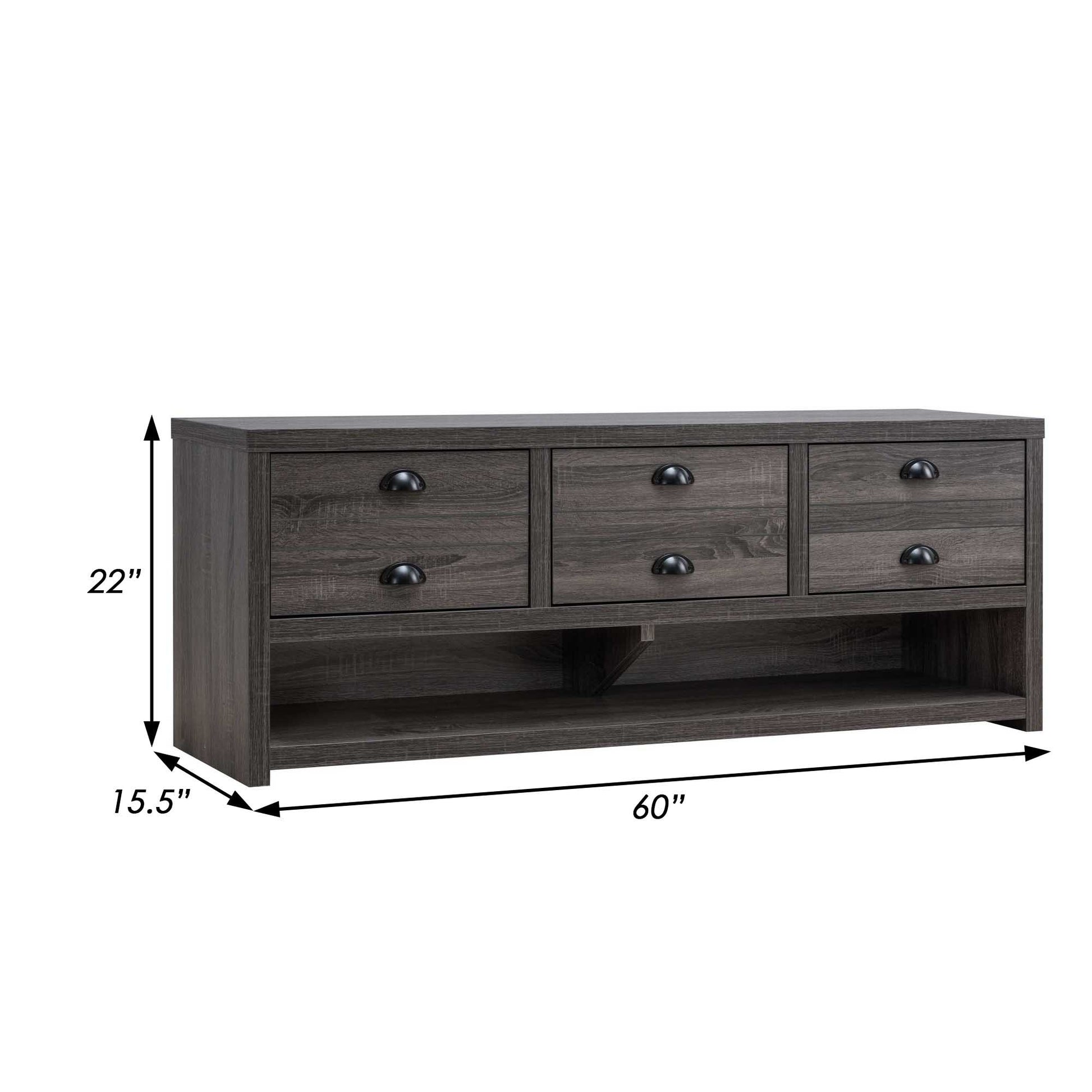 60 Inch Modern Tv Entertainment Console, 3 Drawers, Open Bottom Shelf, Gray Gray 60 69 Inches Wood Metal