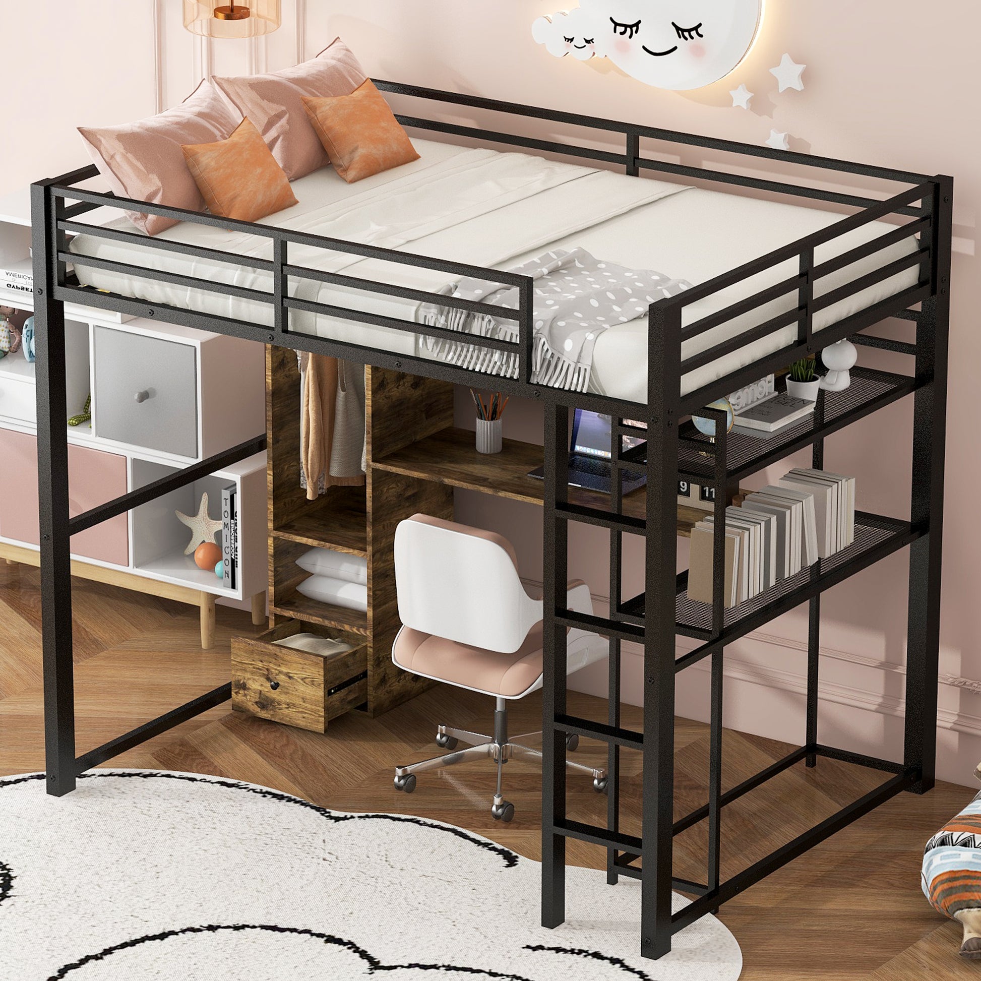Full Size Metal Loft Bed With Built In Wardrobe, Drawer, Desk And Shelves, Black Expected Arrival Time: 9.7 Box Spring Not Required Full Black Metal Wood Metal