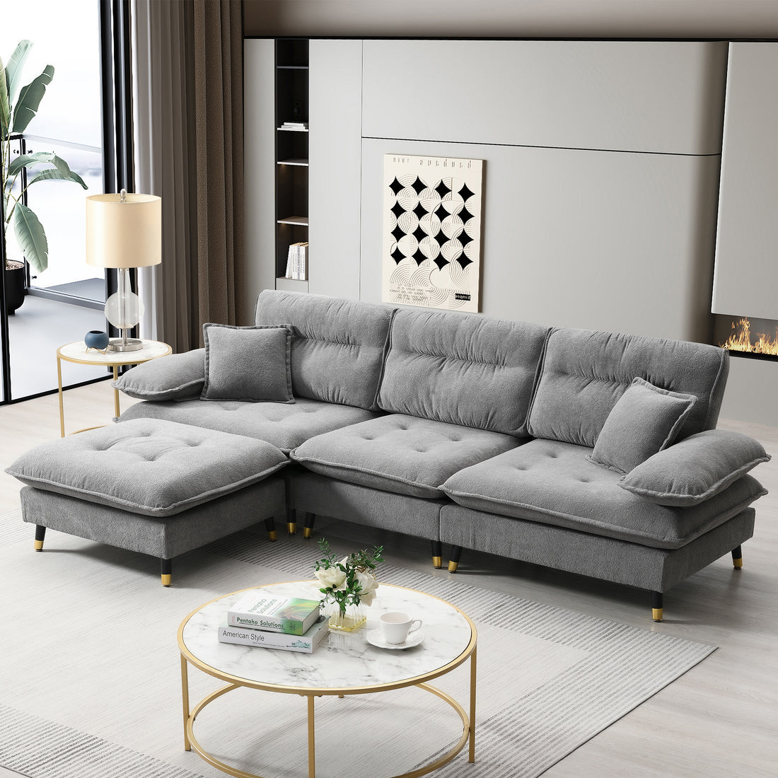 106*66.5" L Shaped Convertible Sectional Sofa,4 Seat Tufted Couch Set With Two Tone Adjust Legs,Cloud Chenille Fabric,Movable Ottoman For Living Room, Apartment,Office,3 Colors Gray Chenille 4 Seat