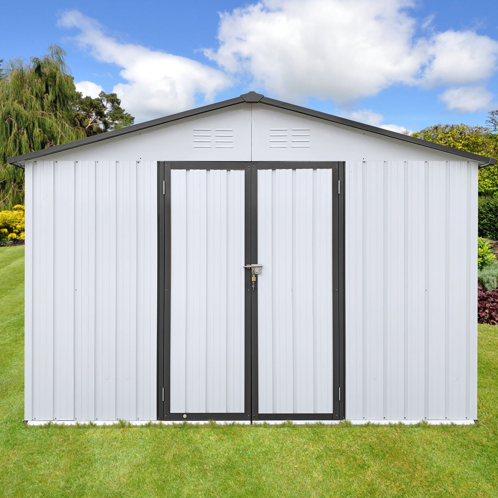 Metal Garden Sheds 10Ftx12Ft Outdoor White Grey White Gray Metal