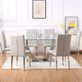 Table And Chair Set, Modern Dining Table, Tempered Glass Tabletop And Silver Colored Leg Table, Soft And Comfortable Dining Chair, Perfect For Dinner, Meetings, Home And Office Decor Gray Seats 6 Glass