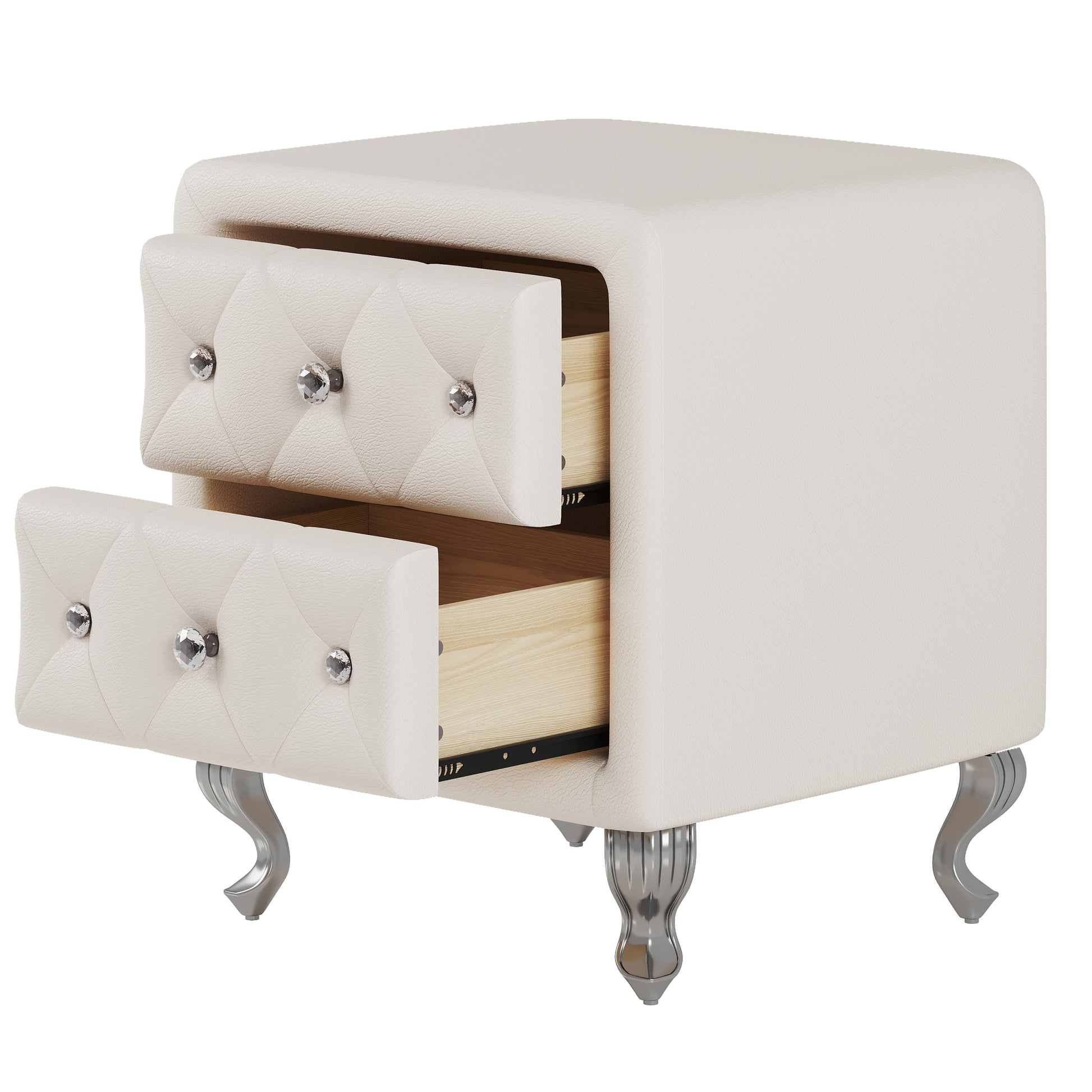 Elegant Pu Nightstand With 2 Drawers And Crystal Handle,Fully Assembled Except Legs&Handles,Storage Bedside Table With Metal Legs White White Pu