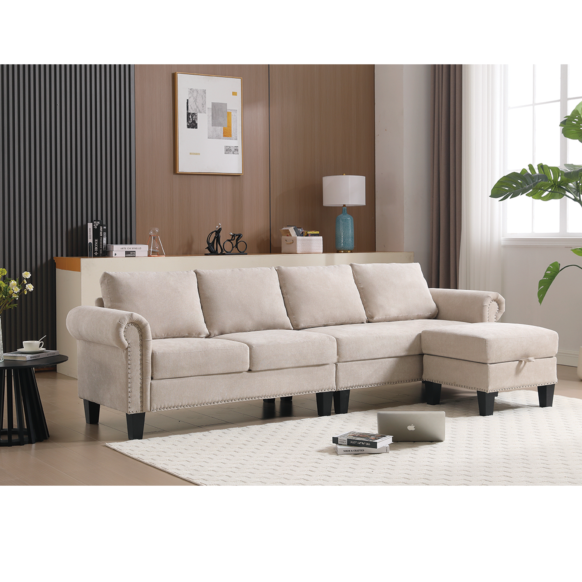 Arrived Convertible Sectional Sofa With Storage,L Shaped Sofa,Four Seater Sofa,Modern Linen Fabric Sectional Couches For Living Room, Beige Beige Polyester Wood Primary Living Space Medium Soft Cushion Back Modern Wood 4 Seat