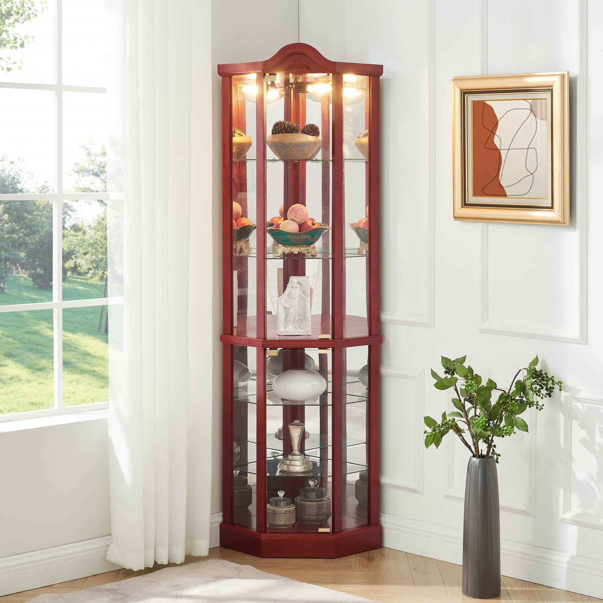 Glass Cabinet Lighted Corner Cabinet Corner Display Curio Cabinet, Glass Display With Light Included Bar Cabinet,Wine Cabinet With Adjustable Glass Shelves Carved Decoration Cherry Light Included Cherry Mdf Glass