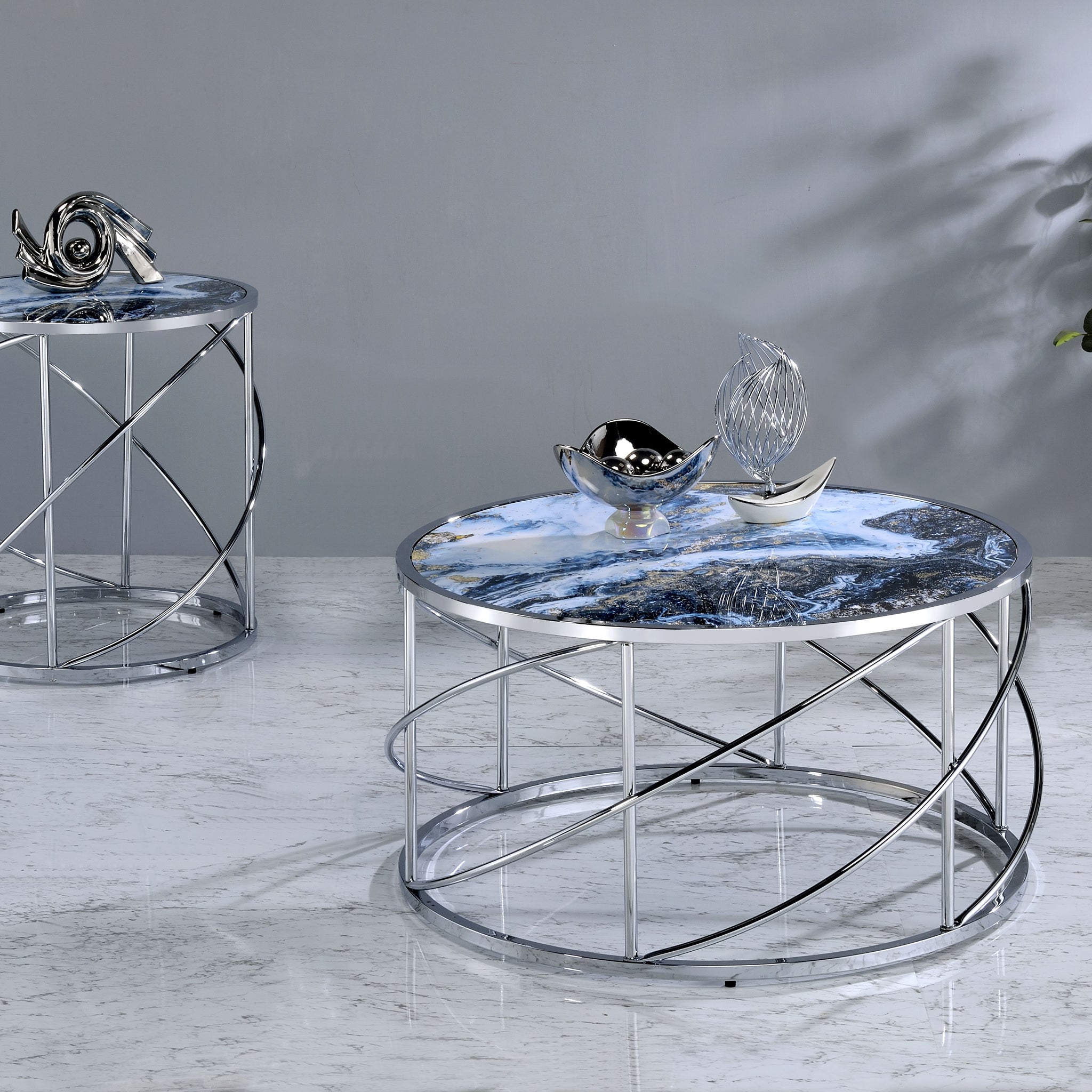 Lyda End Table, Blue Marble Print & Chrome Finish Lv02096 Chrome Metal