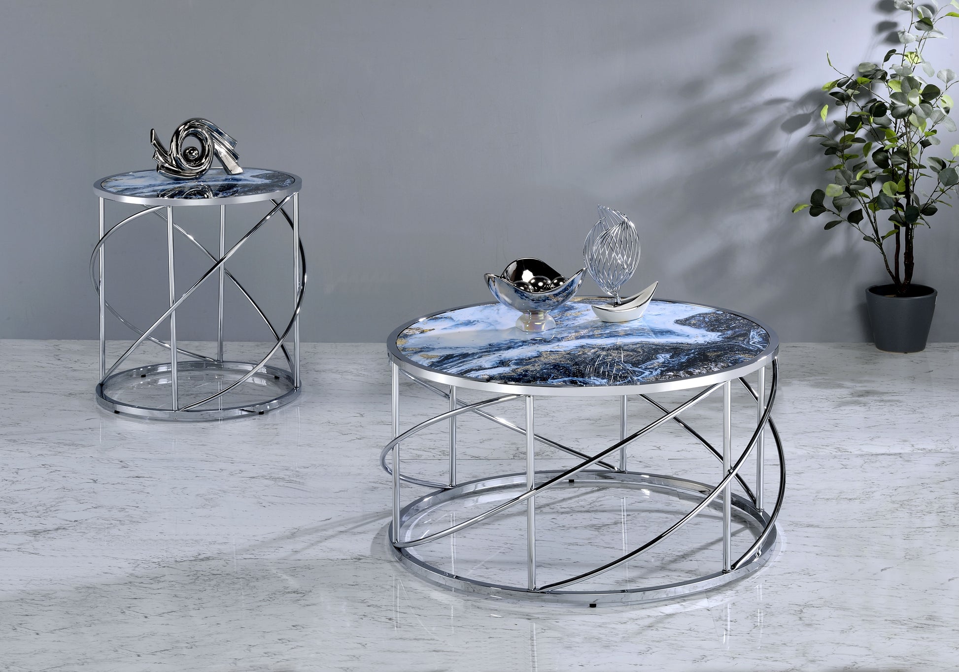 Lyda End Table, Blue Marble Print & Chrome Finish Lv02096 Chrome Metal