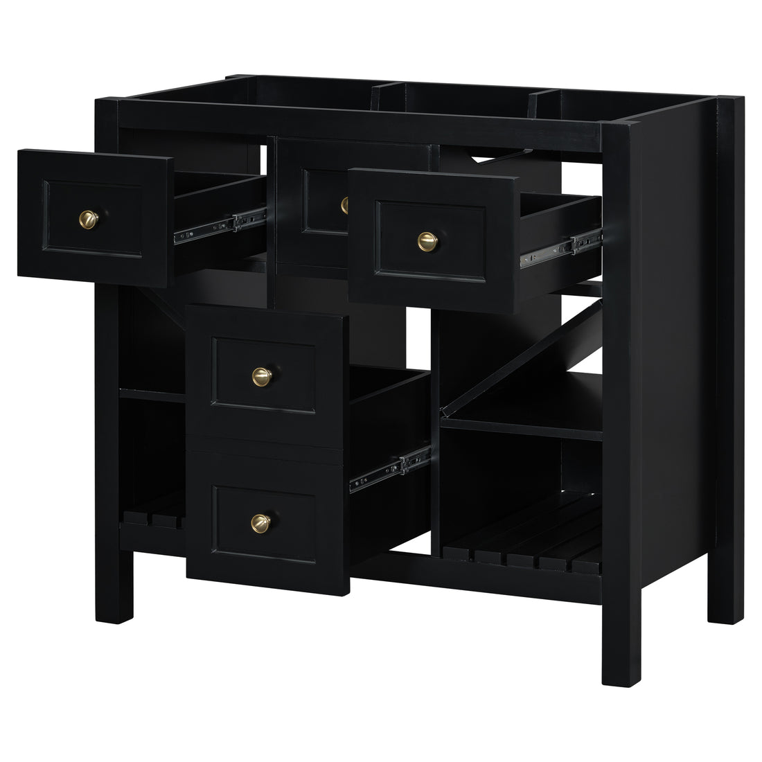 36'' Bathroom Vanity Without Sink, Solid Wood Frame Bathroom Storage Cabinet, Freestanding Vanity With 5 Drawers& Soft Closing Doors Not Include Basin Sink Black Bathroom Solid Wood Mdf