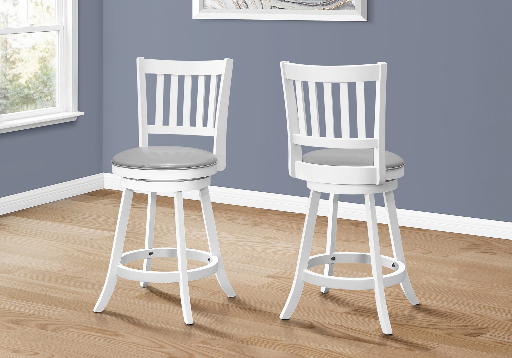 Bar Stool, Set Of 2, Swivel, Counter Height, Kitchen, White Wood, Grey Leather Look, Transitional White Foam Solid Wood