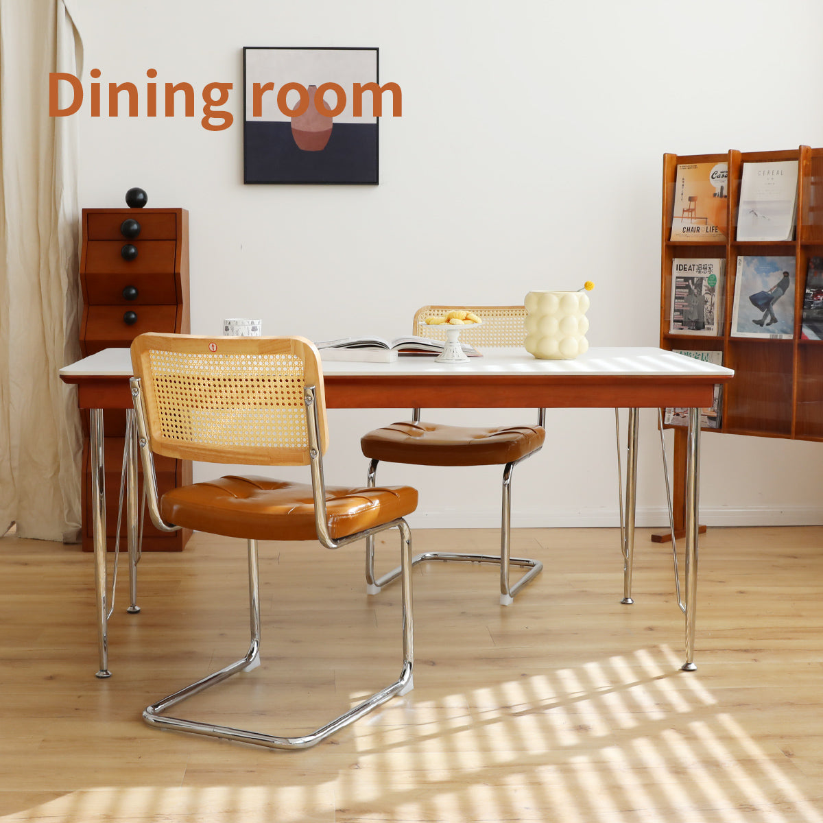 Dining Chairs Set Of 2, Fauex Leather Rattan Side Accent Chairs With Chrome Legs, Modern Mid Century Breuer Designed Chairs, Upholstered Dining Living Room Kitchen Chairs Brown 2Pcs Brown Faux