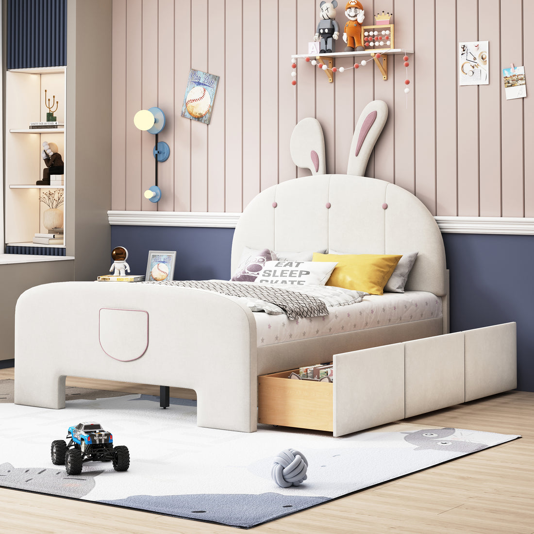 Full Size Velvet Platform Bed With Rabbit Shaped Headboard, With Drawers, With Bed End Storage Pocket, Beige Full Beige Plywood