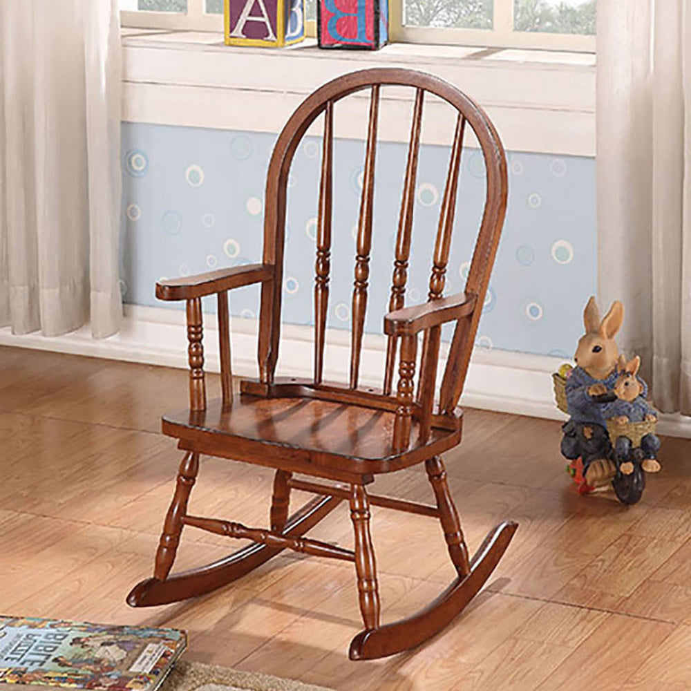 Tobacco Youth Rocking Chair With Turned Base Solid Brown Primary Living Space Rocking Chairs Rubberwood Slat Back Wood