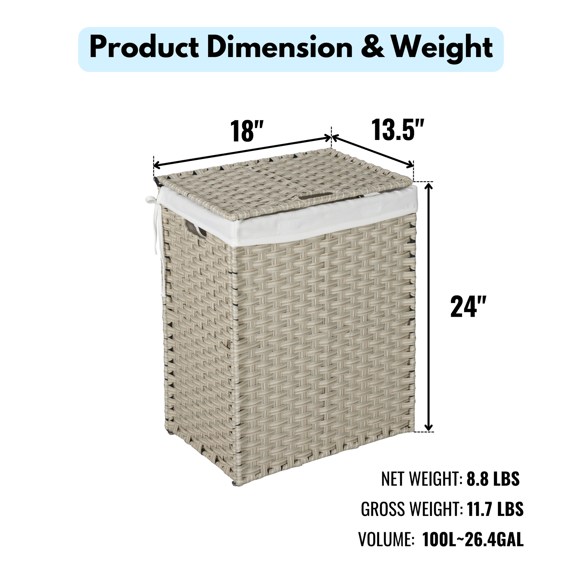 Laundry Hamper With Lid Pe Rattan Powder Coating Frame Clothes Hampers With 02 Removable Bags, 100L, Grey Color Light Grey 1 Foldable American Design,American Traditional Wicker