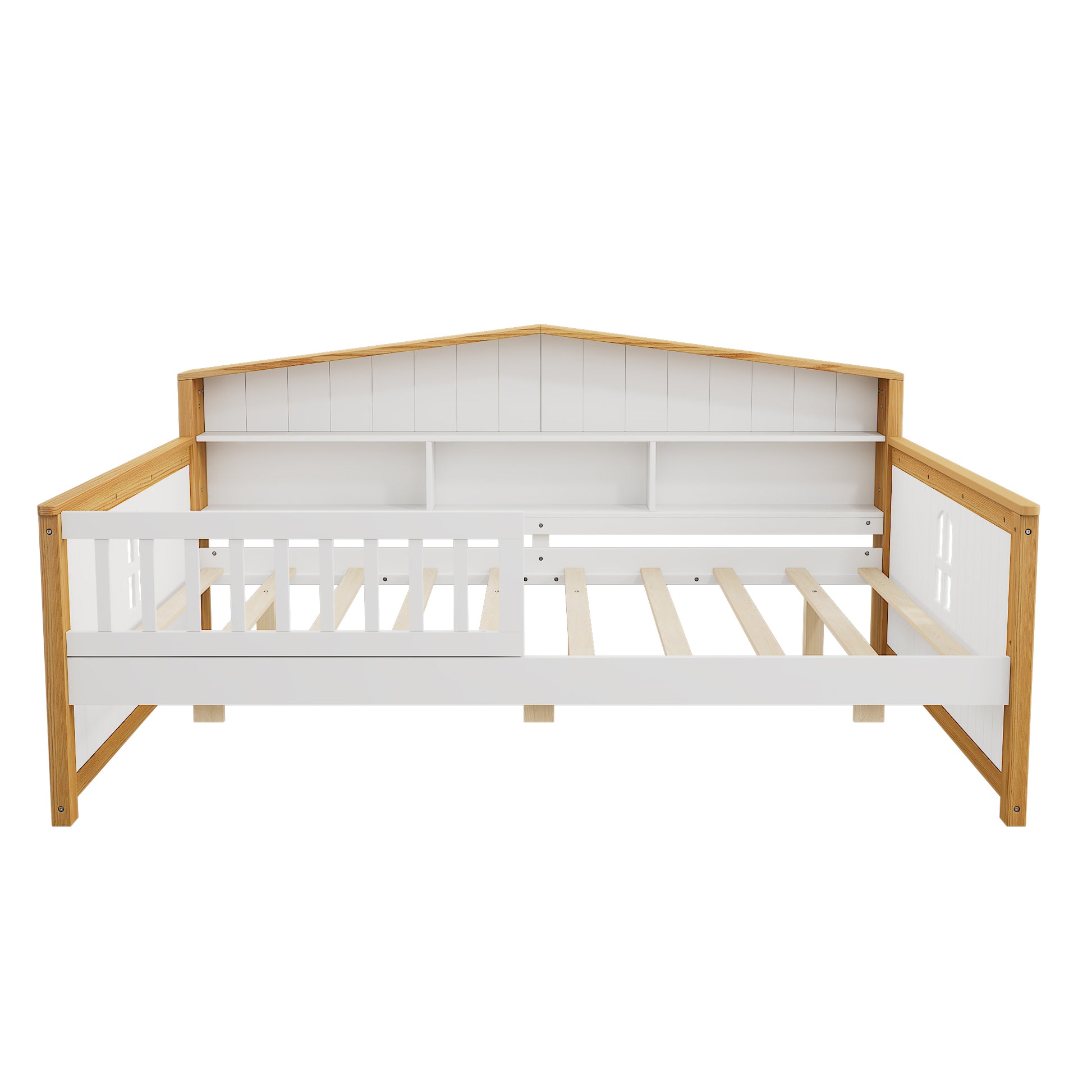 Full Size House Shape Daybed With Trundle And Bookcase Headboard Wooden Bed For Girls Boys Teens, No Box Spring Needed, Walnut And White Box Spring Not Required Full White Walnut Wood Bedroom Cute Pine Bed Frame Wood