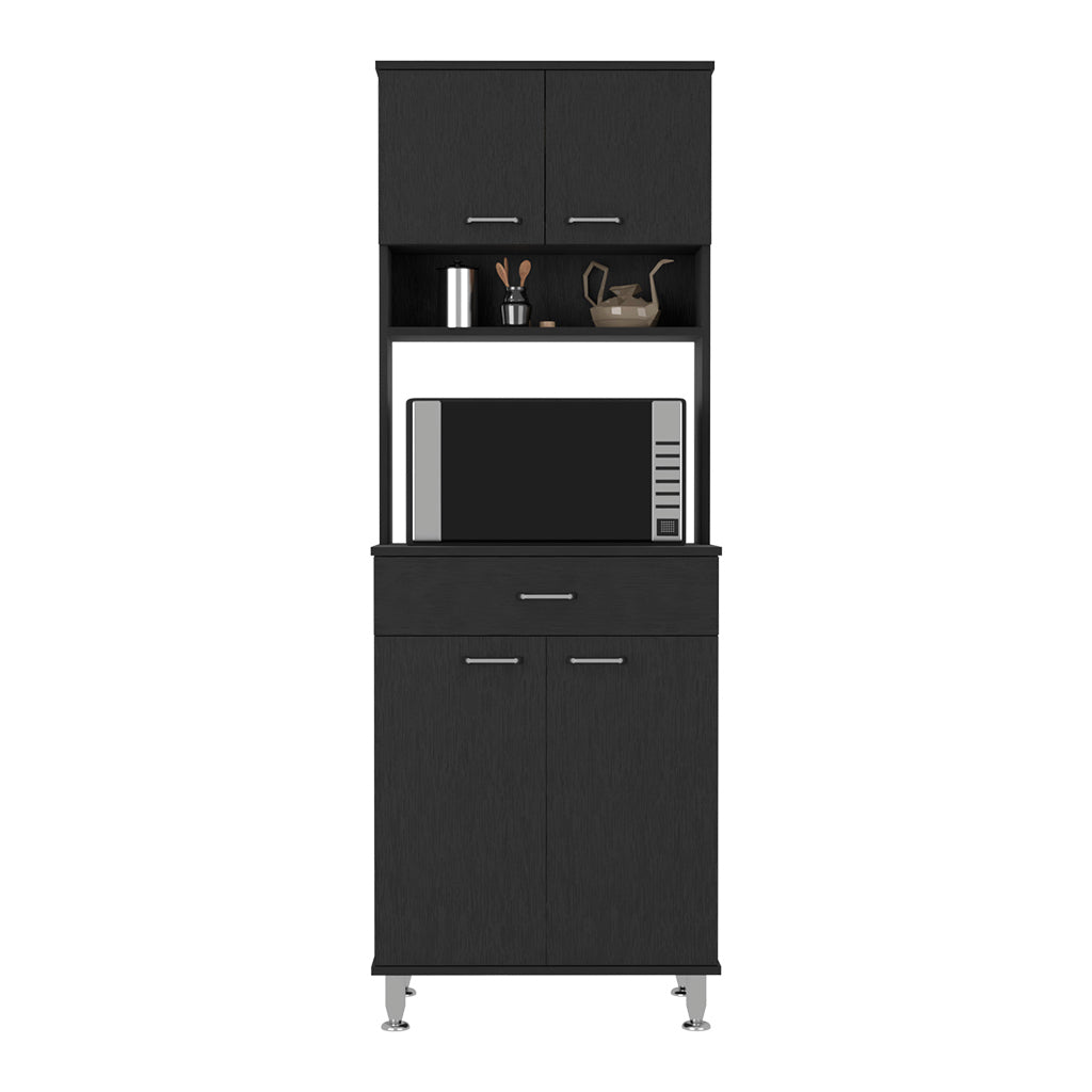 Pantry Cabinet 67" H, Four Doors, One Drawer, Three Internal Shelves, 2 External Storage Shelves, Microwave Storage Option, Four Legs, Black Black Particle Board Particle Board