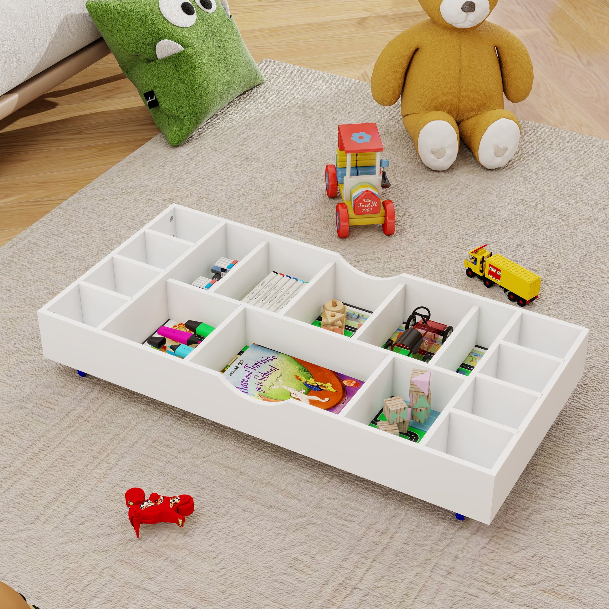 The 2 In 1 Rollaway Play Table And Toy Organizer Compatible With Lego Suitable For Storing Under Bed Or Sofa White 38" X 18.7" X 5.9" White Green Mdf