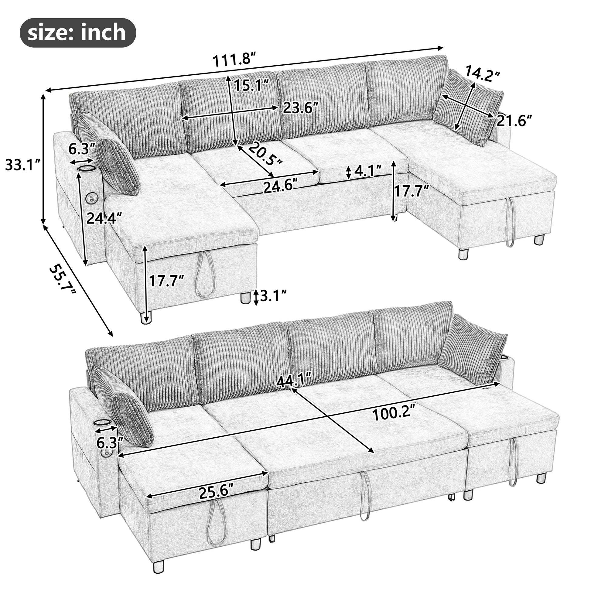 111.8" Sectional Sofa Pull Out Sofa Bed Versatile Sofa Sleeper With Large Storage Space, Two Usb Ports And Two Cup Holders For Living Room, Brown Brown Foam Chenille 4 Seat