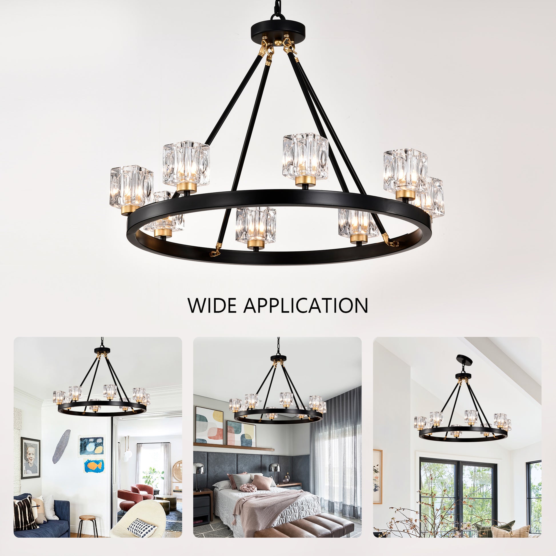 Matte Black Gold Wagon Wheel Chandelier Farmhouse Modern Small Crystal Round Chandelier For Living Room Kitchen Island Foyer Hallway Entryway Bedroom Rustic Dining Room Light Fixture Ceiling Hanging