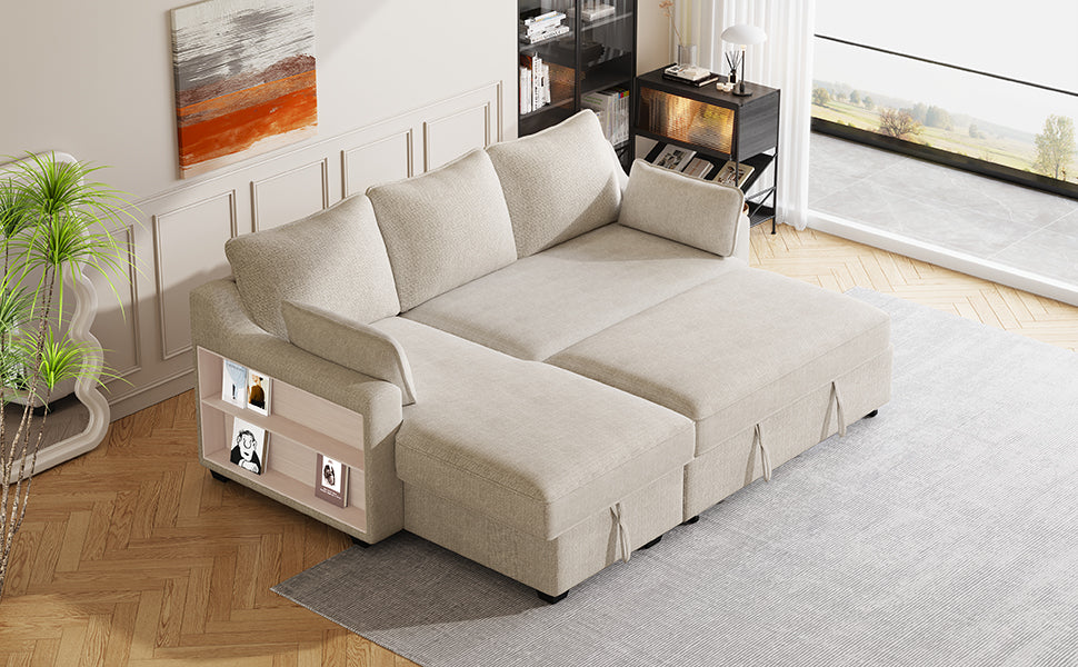 90" Pull Out Sleeper Sofa L Shaped Couch Convertible Sofa Bed With Storage Chaise, Storage Racks And Usb Ports Sg001340Aa , Beige Beige Foam Chenille 3 Seat