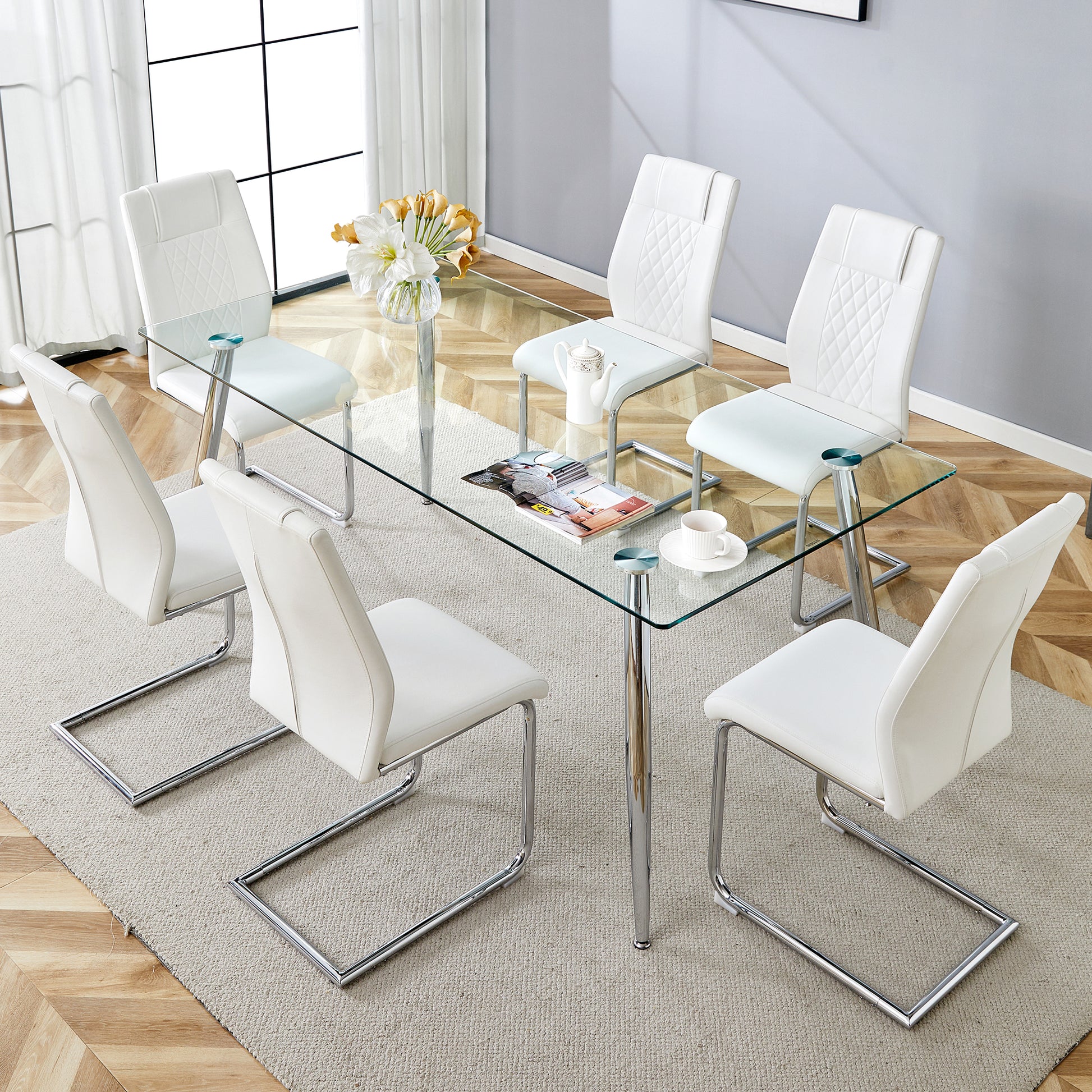 Table And Chair Set.Modern Rectangular Glass Dining Table With A Tempered Glass Tabletop And Silver Metal Legs, Paired With Multiple Chairs Designed With Pu Cushions And Silver Metal Legs. Silver White Seats 6 Tempered Glass
