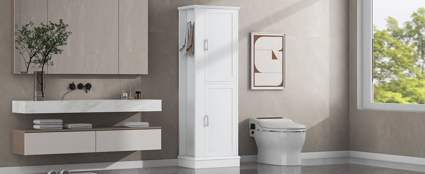 Tall Bathroom Storage Cabinet, Freestanding Storage Cabinet With Hook And Adjustable Shelf, Mdf Board, White White 2 Mdf