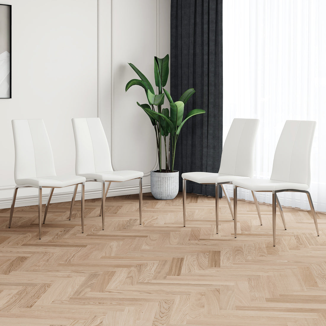 Modern Dining Chairs With Faux Leather Padded Seat Dining Living Room Chairs Upholstered Chair With Chrome Metal Legs Design For Kitchen, Living, Bedroom, Dining Room Side Chairs Set Of 4 White Metal