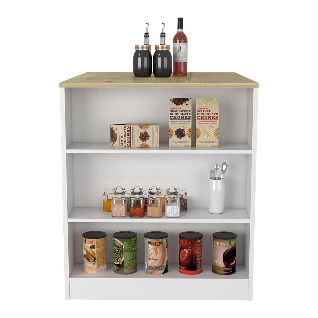 Kitchen Island Table, Two Legs, Three Side Shelves, White Pine Multicolor Solid Wood Mdf Engineered Wood