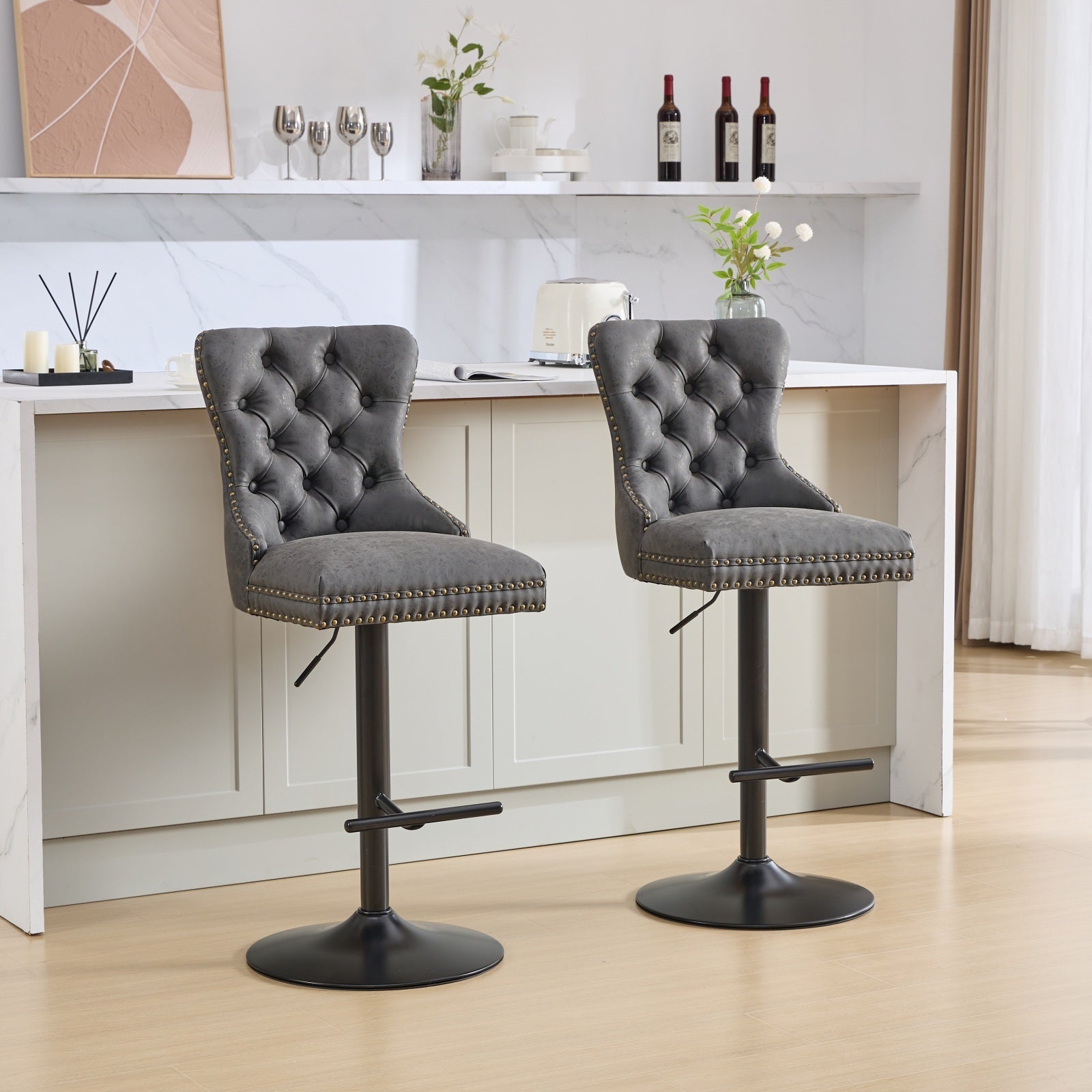 Aged And Retro Pu Swivel Barstools Adjusatble Seat Height From 25 33 Inch, Modern Bar Stools With Backs Comfortable Tufted For Home Pub And Kitchen Island Black,Set Of 2 Black American Design Bar Stools Set Of 2 Foam Pu Leather