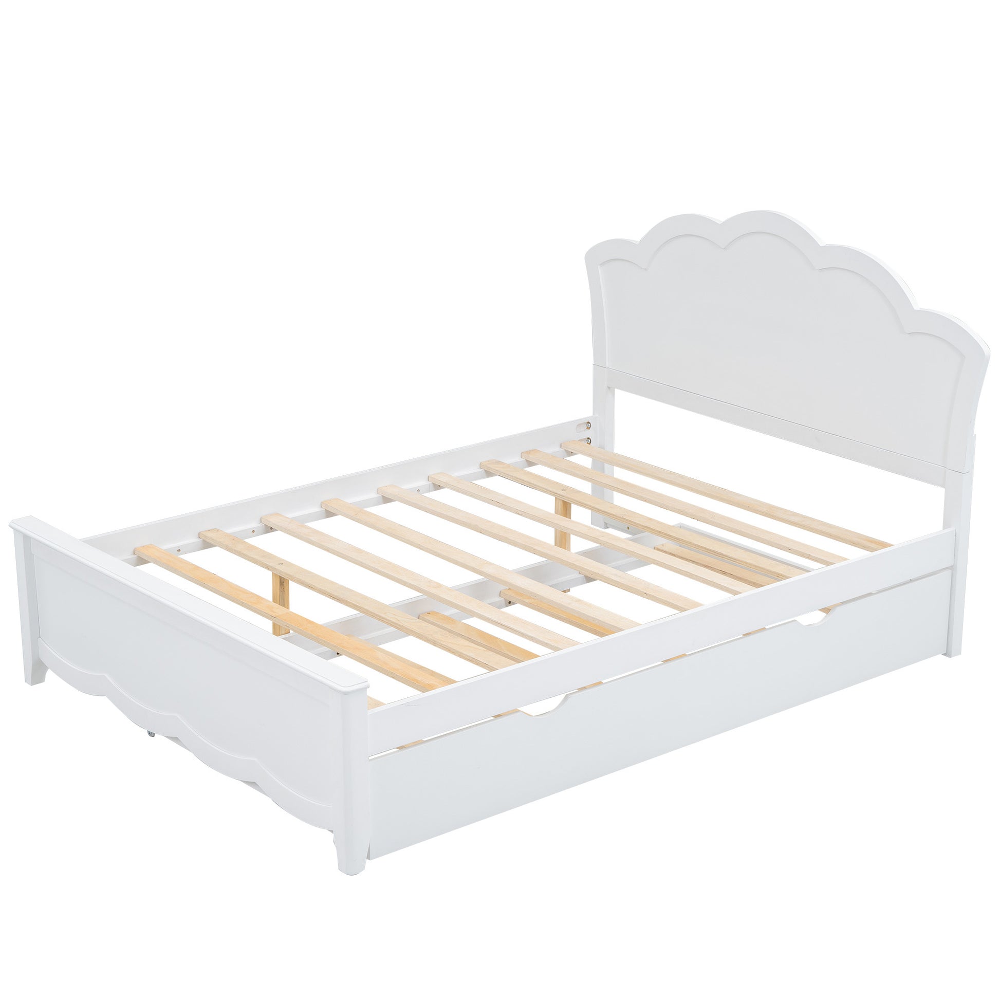 Full Size Wood Platform Bed With Headboard And Twin Size Trundle, White Box Spring Not Required Full White Wood Bed Frame Solid Wood Mdf