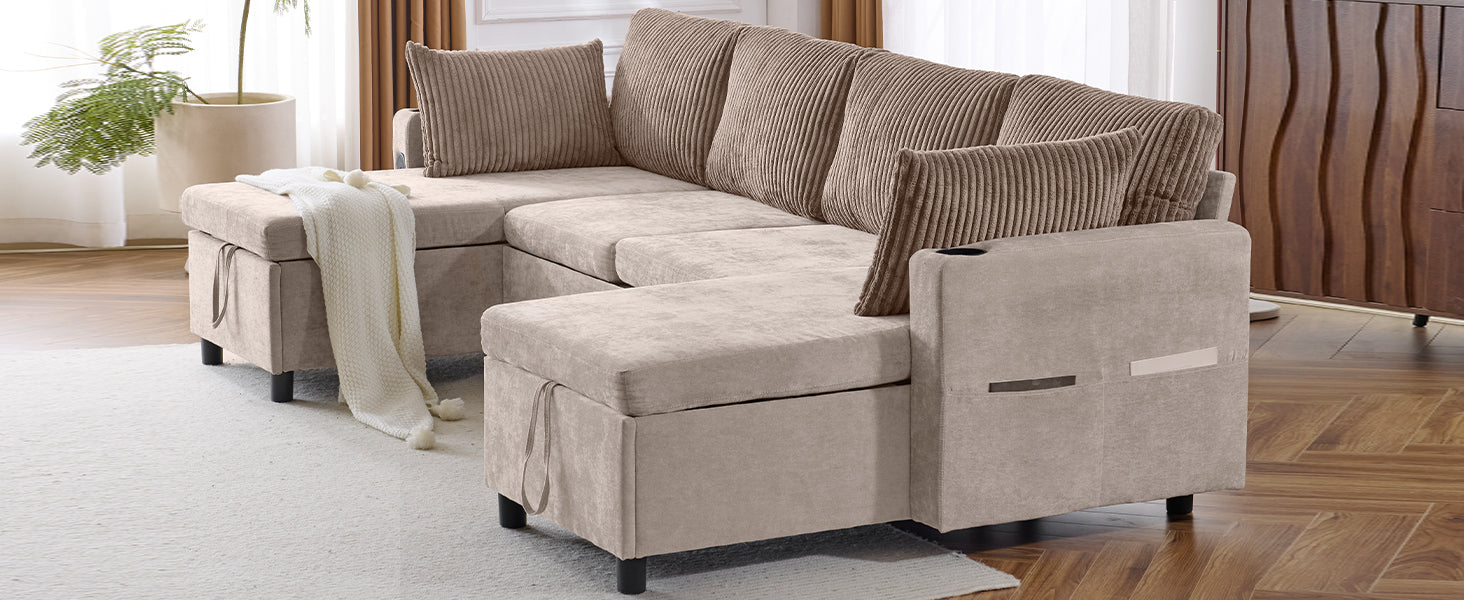 111.8" Sectional Sofa Pull Out Sofa Bed Versatile Sofa Sleeper With Large Storage Space, Two Usb Ports And Two Cup Holders For Living Room, Brown Brown Foam Chenille 4 Seat