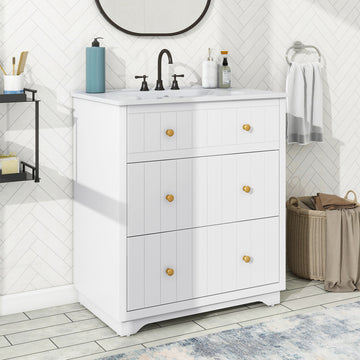 Video 30 Inch Modern White Bathroom Vanity Cabinet With Two Drawers White Solid Wood Mdf