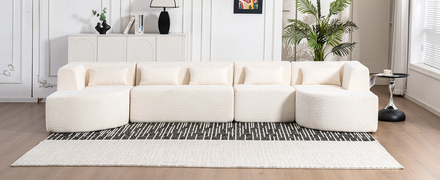 143.7" Upholstered Sofa Free Combined Sofa Couch With Two Chaise Lounge And Five Back Pillows For Living Room, Beige Beige Foam Polyester 5 Seat