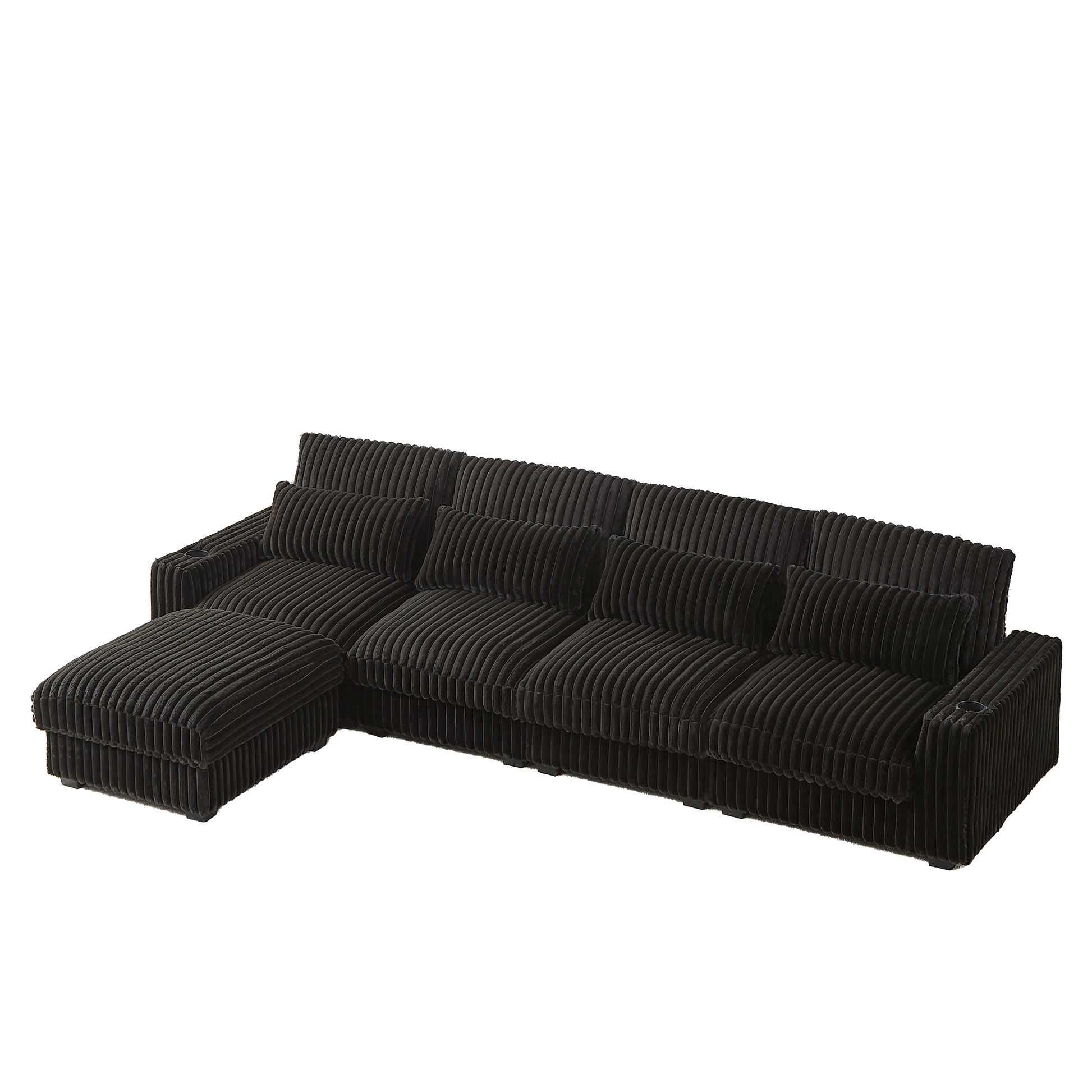 128 Inch Corduroy With Cup Holder Super Large L Shaped Sofa, Movable Footrest, Four Waist Pillows And Four Back Cushion, With Usb Port And T Pyce Port Black Corduroy 4 Seat