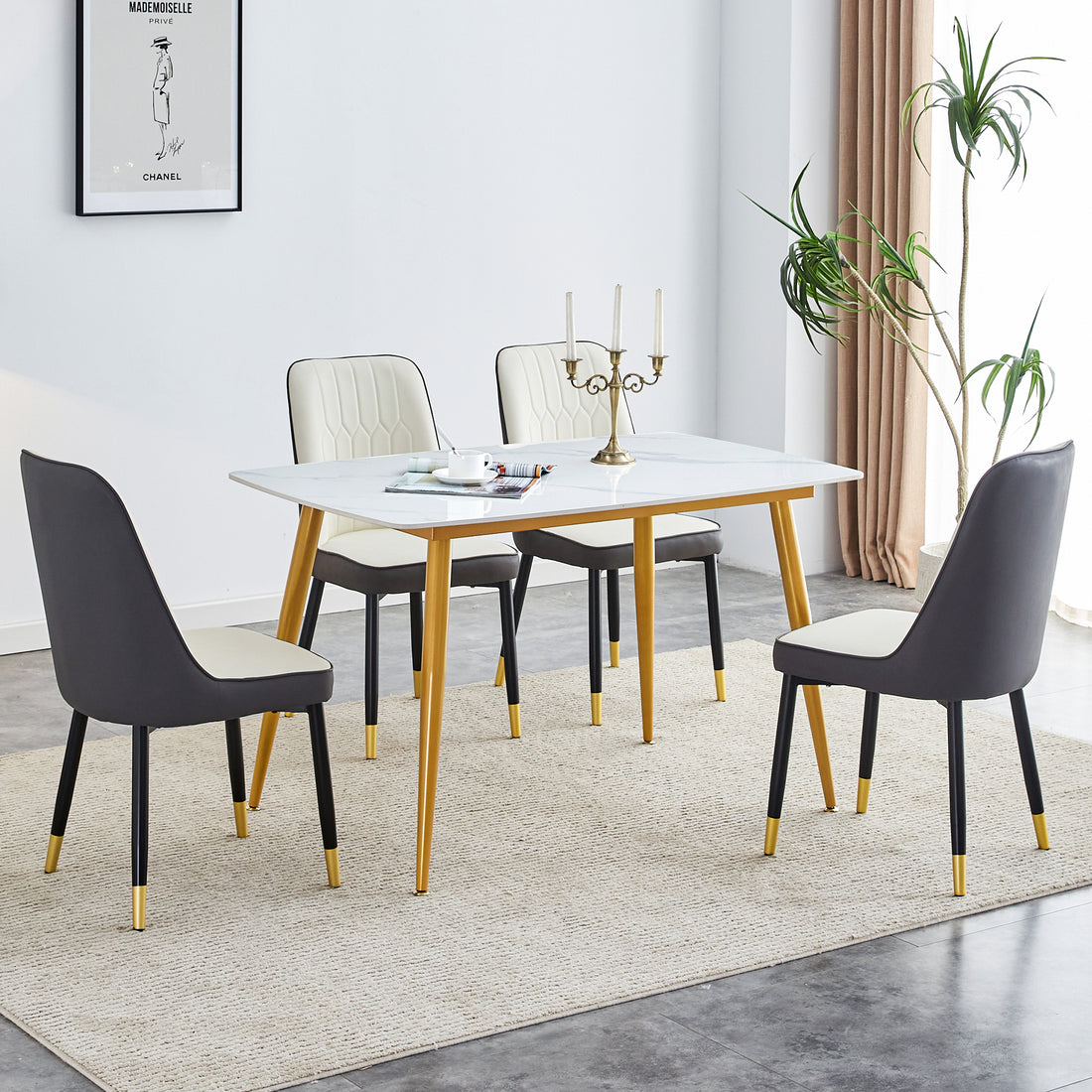 Table And Chair Set.A Morden Table With White Imitation Marble Patterned Stone Burning Tabletop With Golden Metal Legs.Paried With 4 Chairs With Pu Leather Backrest And Black Metal Legs. Black,White Gold Seats 4 Metal,Sintered Stone