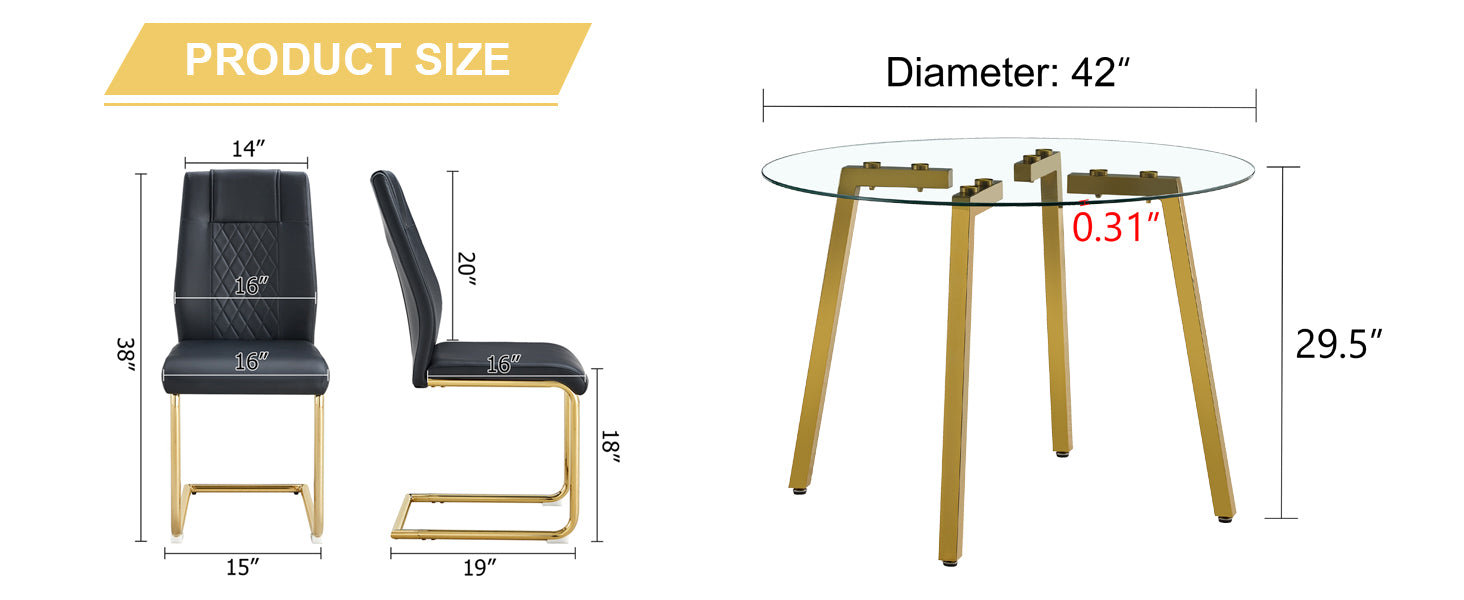 Table And Chair Set.A Modern Minimalist Style Round Clear Tempered Glass Table With Metal Legs.Paried With Black Chairs With Modern Pu Leather High Back Upholstered And C Tube Golden Legs. Black,Transparent Seats 4 Glass