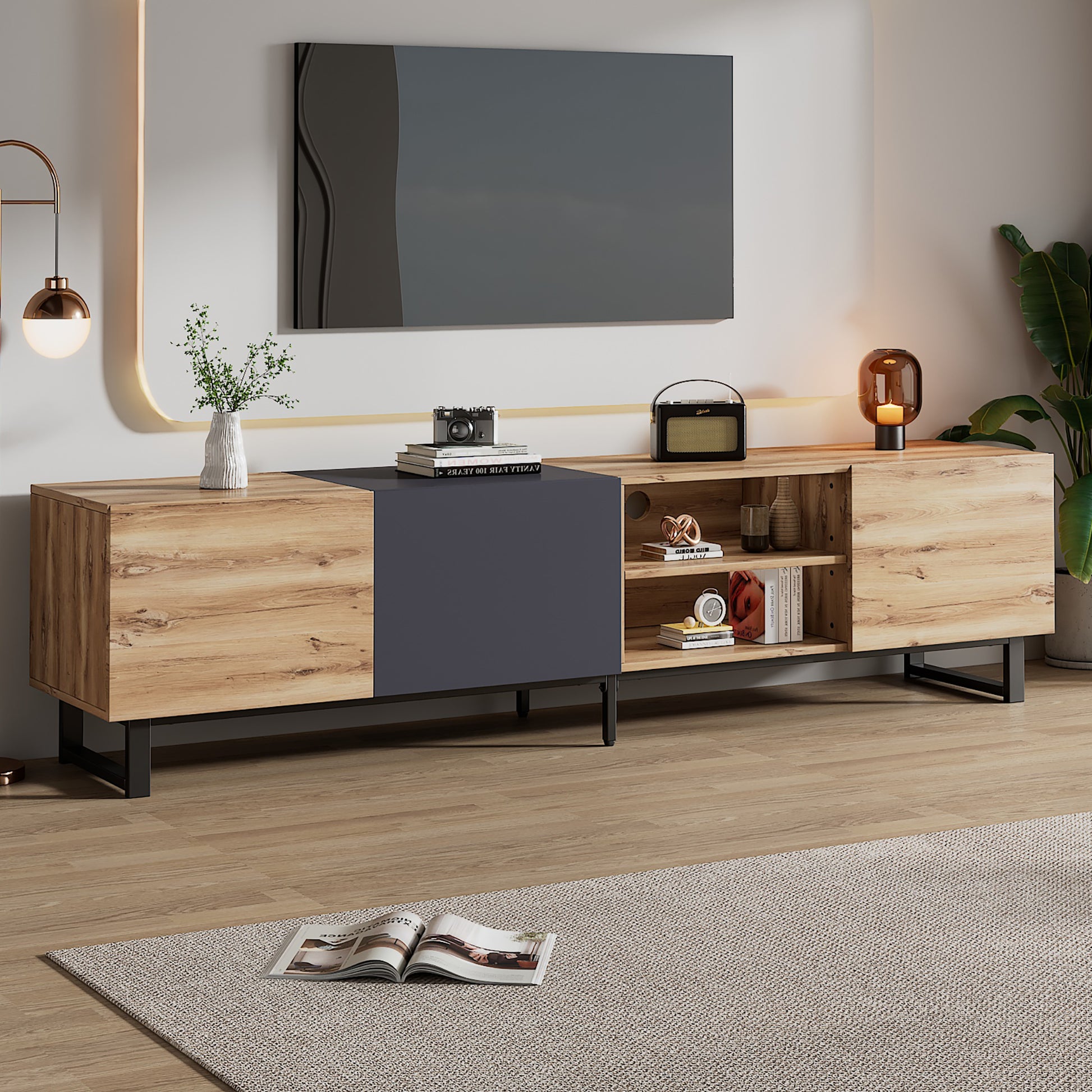 Modern Tv With 3 Cabinets& Open Shelves, Color Matching Media Console Table For Tvs Up To 80'', Entertainment Center With Drop Down Door For Living Room, Bedroom, Home Theatre Wood Brown Primary Living Space 70 79 Inches 70 79 Inches 70 Inches Particle