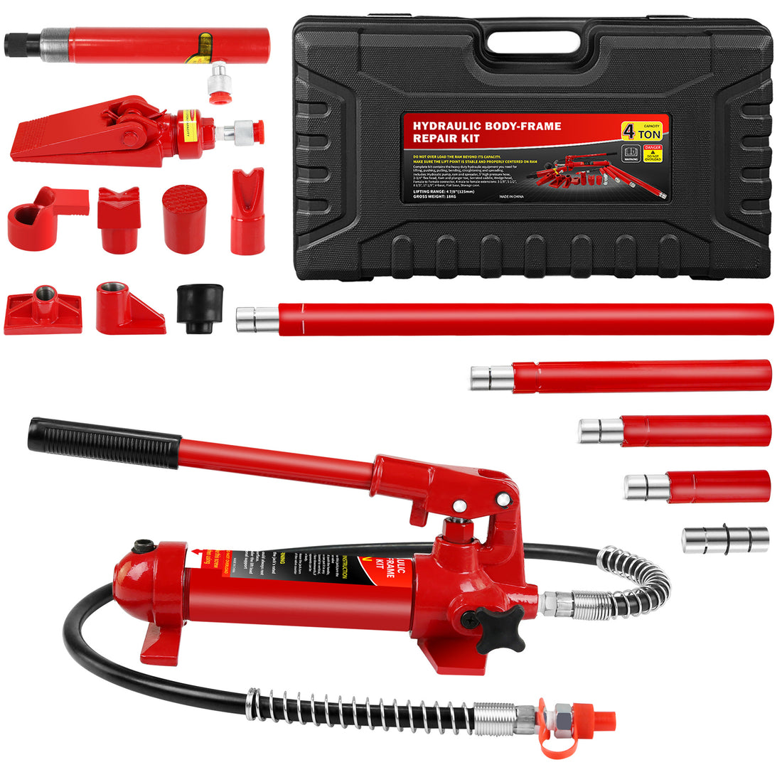 4 Ton Porta Power Kit, Portable Hydraulic Jack With Oil Hose, Auto Body Frame Repair Kit With Storage Case For Car Repair, Truck, Farm Red Steel