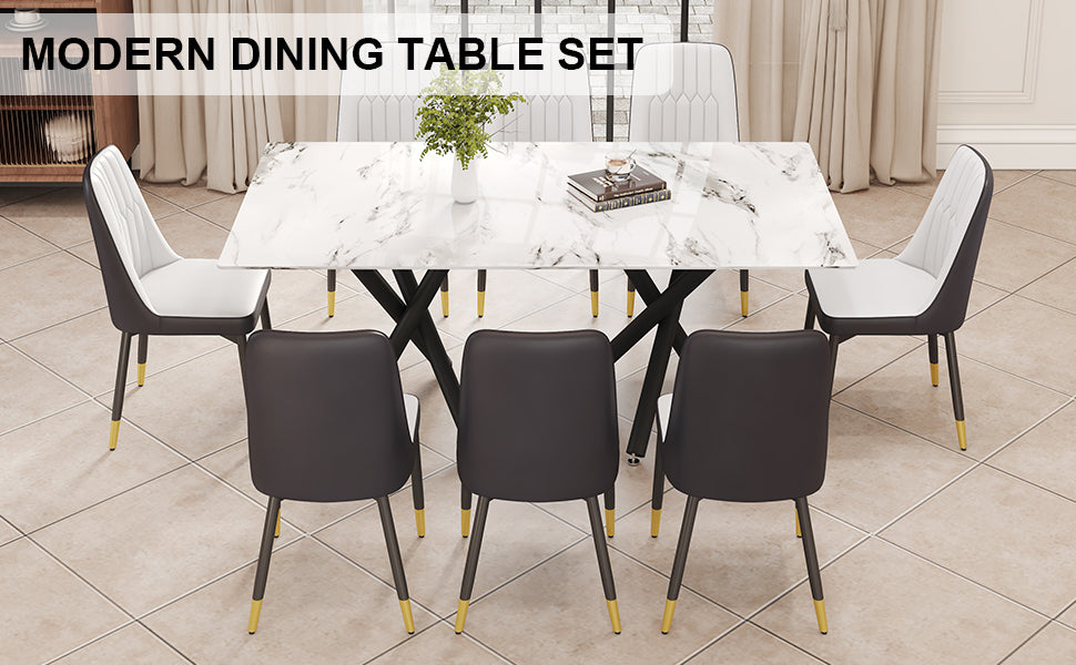 1 Table And 8 Chairs. A Rectangular Dining Table With A White Imitation Marble Tabletop And Black Metal Legs. Paired With 8 Chairs, Equipped With Pu Leather Seat Cushions And Black Metal Legs. F 1538 Black Glass Metal