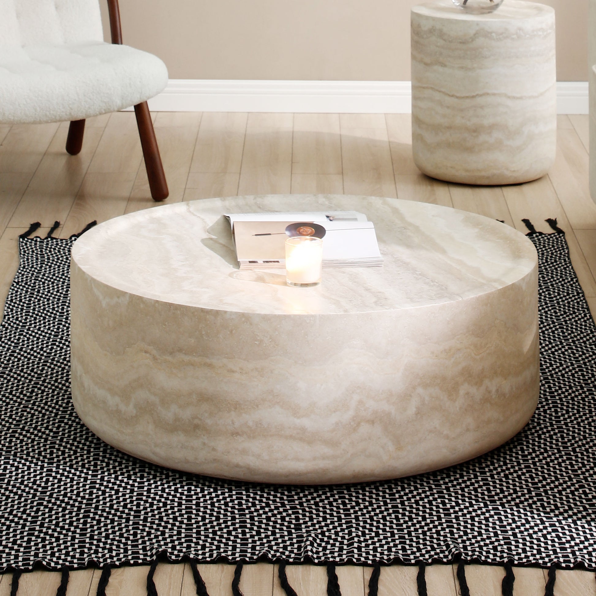 35.43'' Faux Mars Pattern Coffee Tables For Living Room Round Tea Faux Travertine Textured Table For Living Room, No Need Assembly. Marble Fiberglass