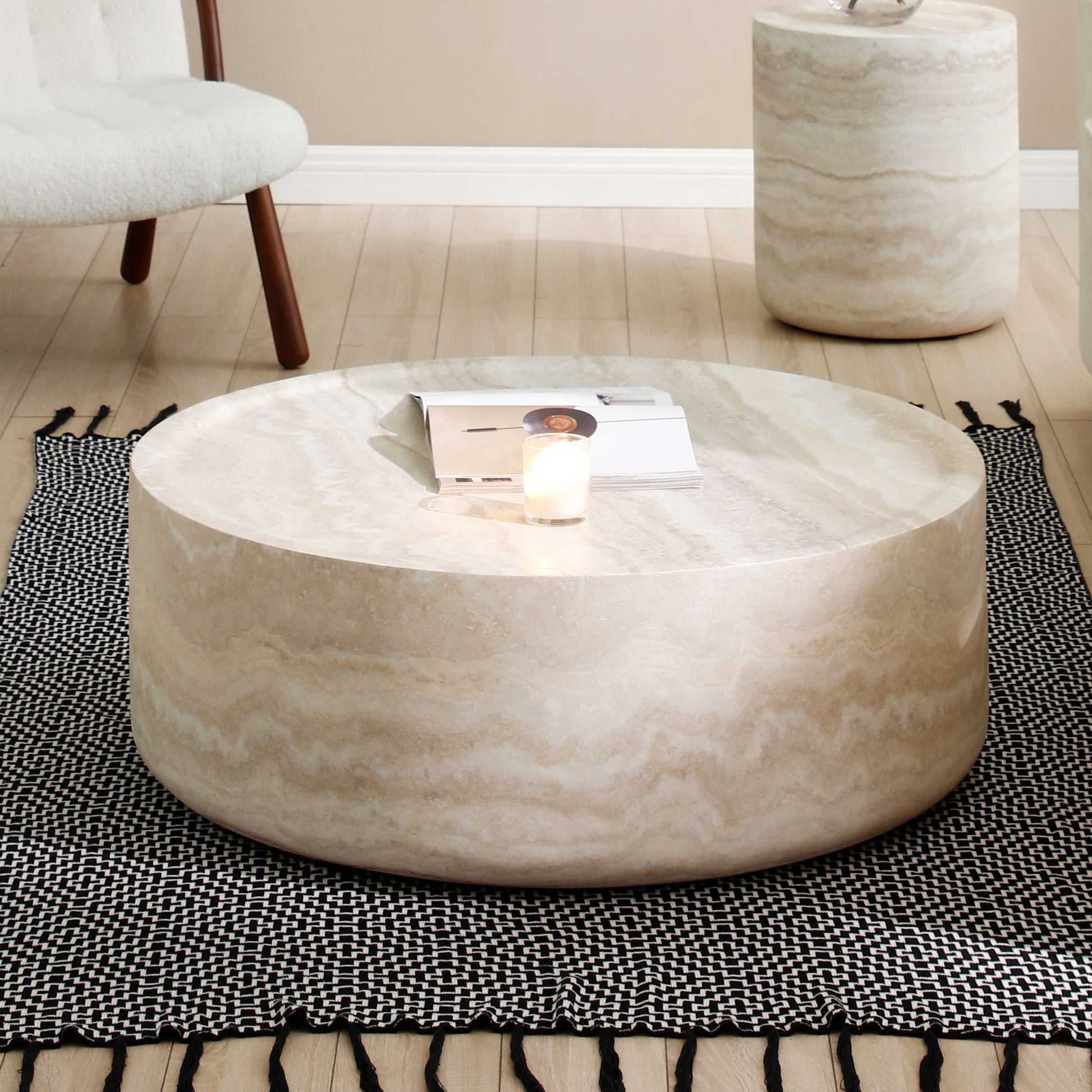 39.37'' Faux Mars Pattern Coffee Tables For Living Room Round Tea Faux Travertine Textured Table For Living Room, No Need Assembly. Marble Fiberglass