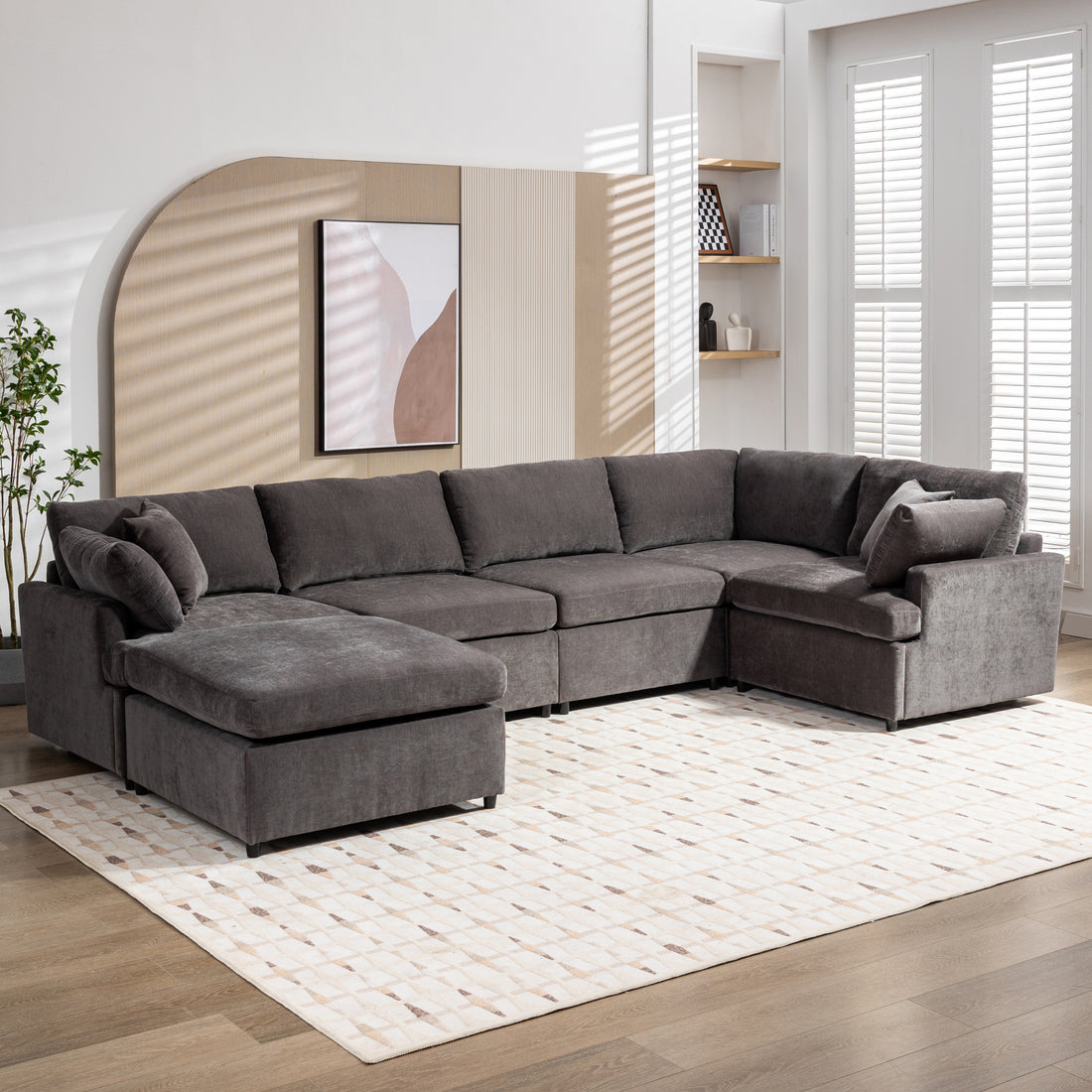 Modern Large U Shape Sectional Sofa, With Removable Ottomans For Living Room 6 Seater Gray Polyester 6 Seat