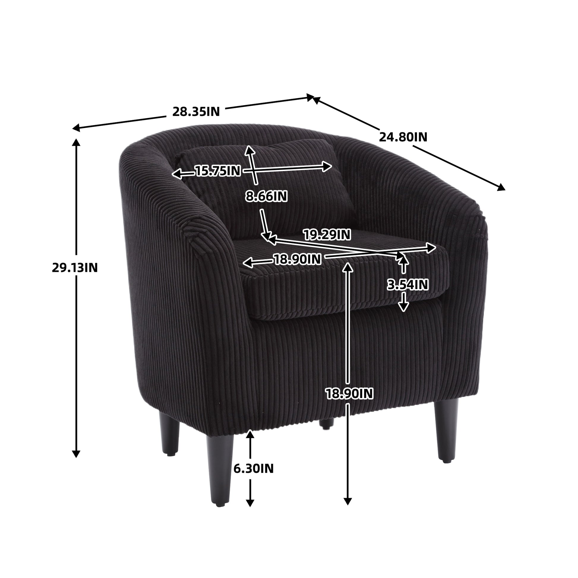 Coolmore Living Room Accent Barrel Chair, Century Modern Style Decorative Chair, Armchair For Living Room With Thick Cushions And Pillows, Comfy Single Sofa Chair, Chair With Wooden Legs,Black Black Corduroy
