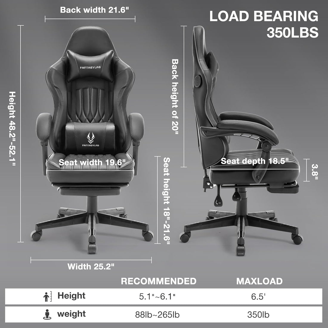 Gaming Chair With Speakers, High Back Computer Chair With Footrest, Lumbar Support And Headrest, Big And Tall Gamer Chairs With Heavy Duty Base Linkage Armrests For Adults Nylon Black Foam Faux